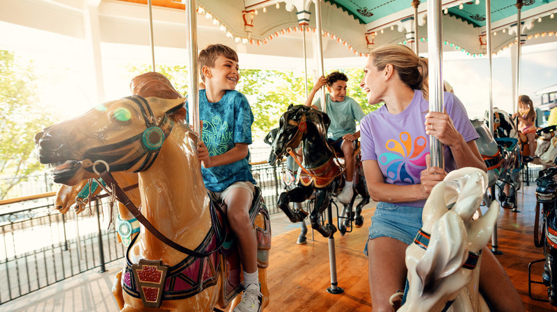 Mother and son riding carousel.